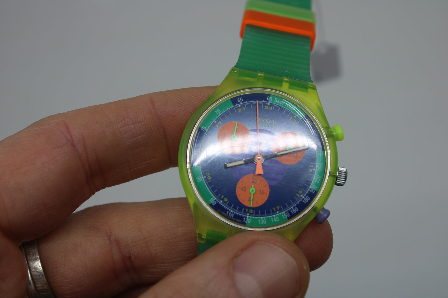 NEAR MINT 1991 Swatch Neo Wave wristwatch, SCJ100 Fluorescent Chronograph, Original Strap