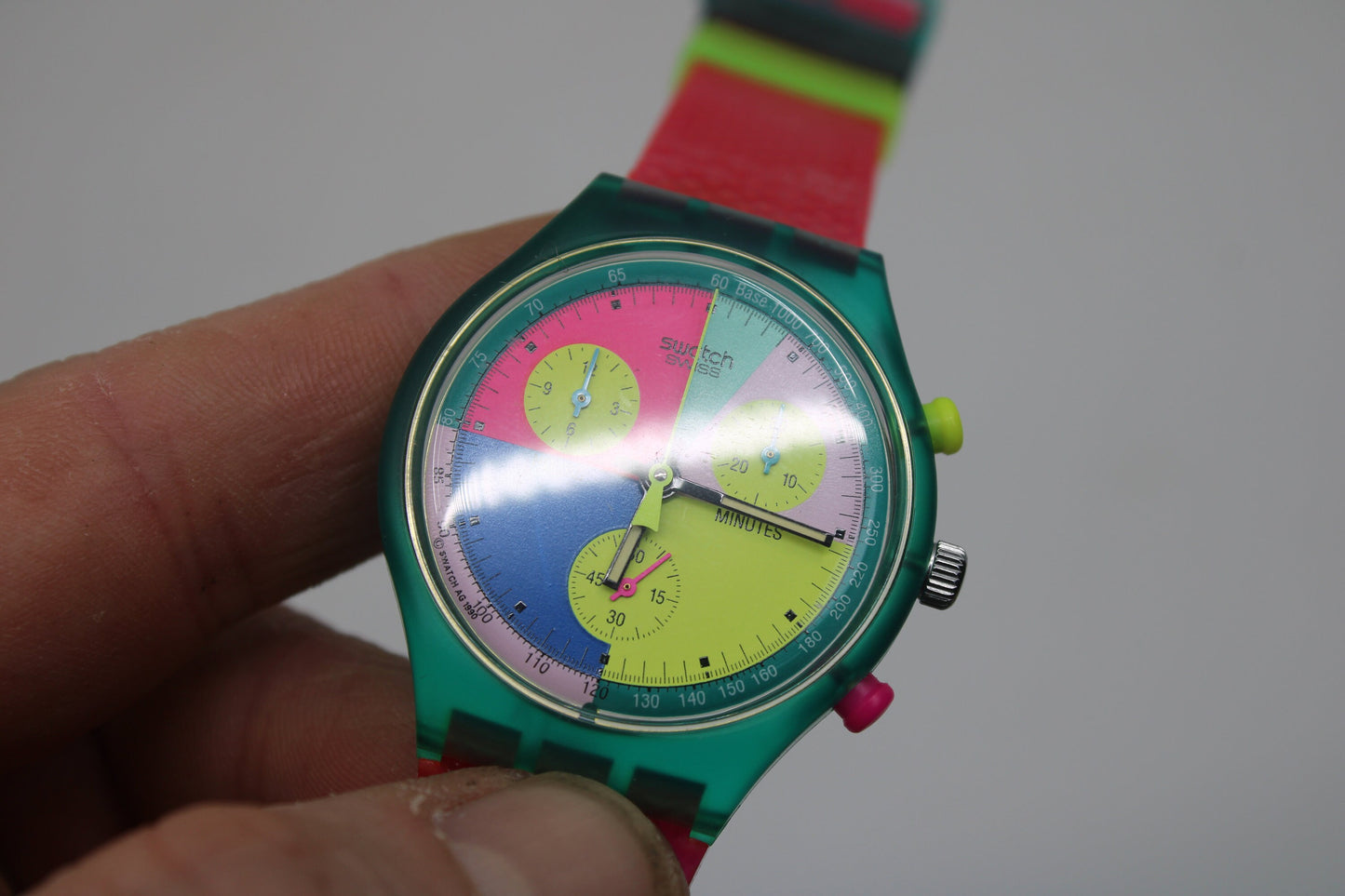 NEW, Unused 1991 Swatch Flash Arrow wristwatch, SCL100 Fluorescent Chronograph, Original Strap