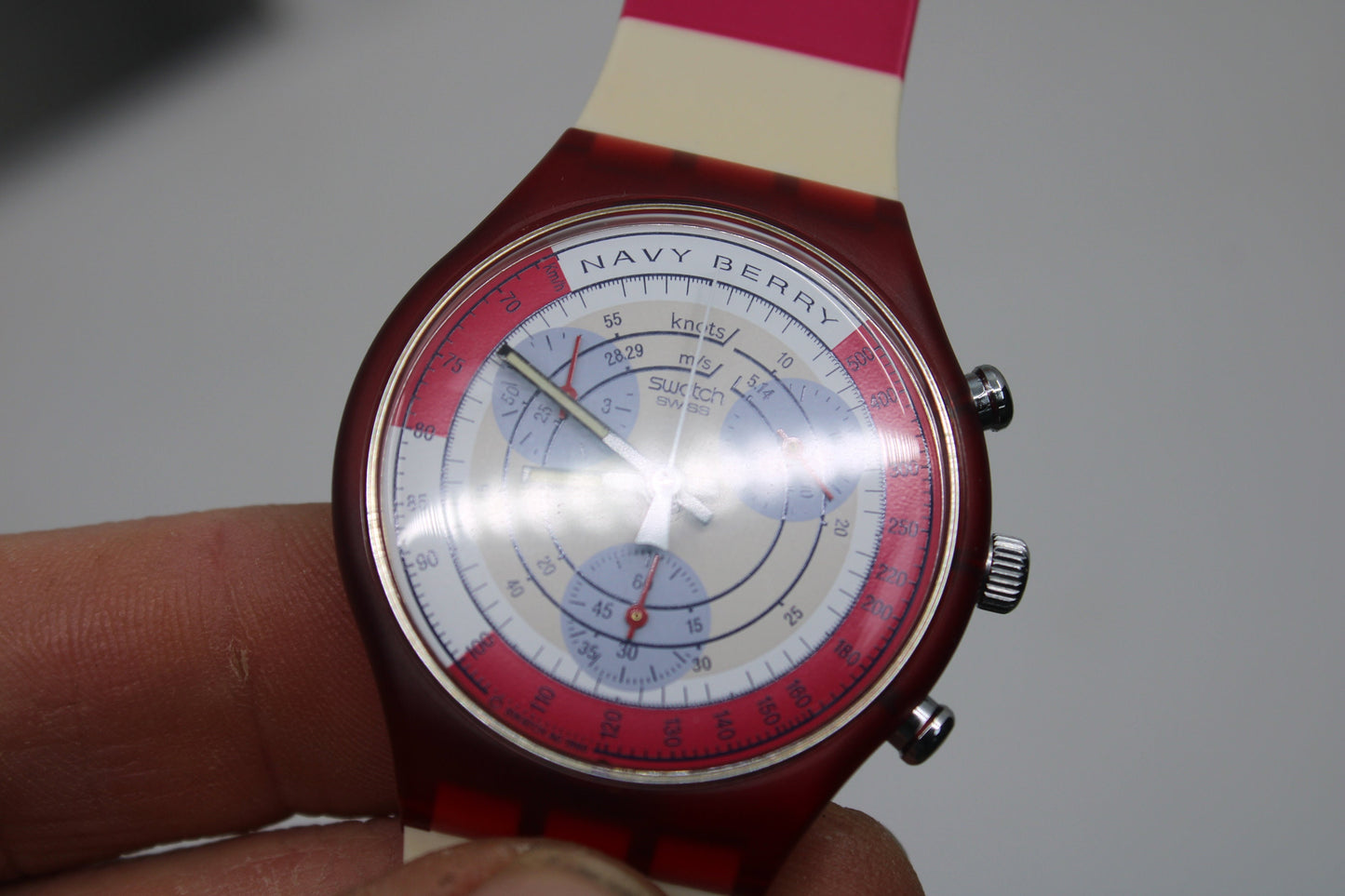 1991 'Navy Berry' vintage Gents Chrono Swatch SCR100, NEW OLD STOCK, Never Worn, with the original strap