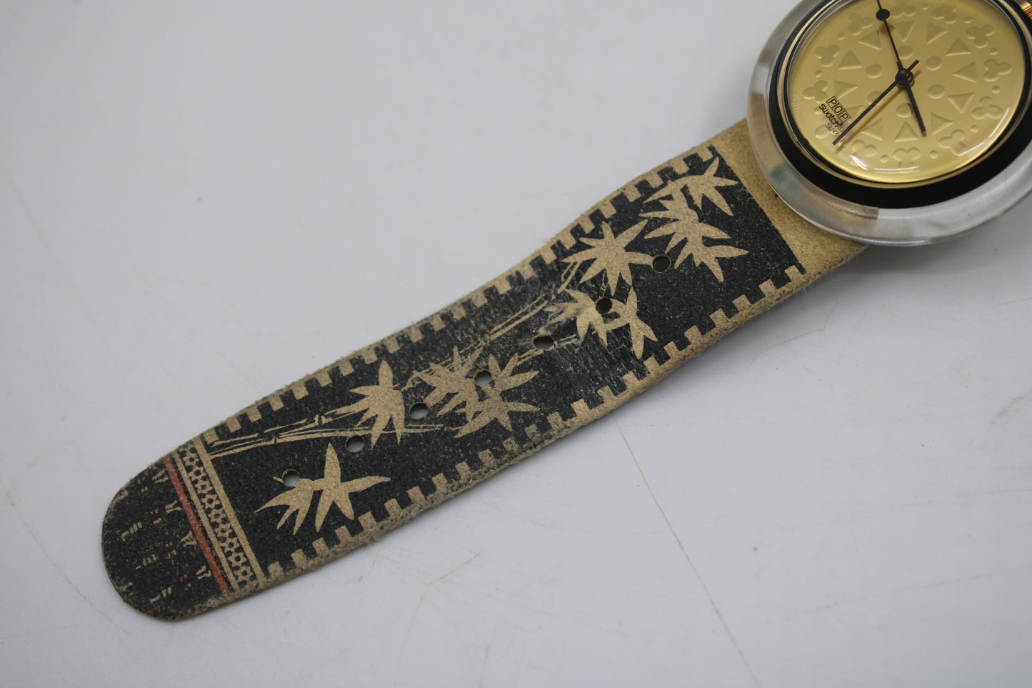 Vintage 1996 PMB104 Pop Swatch, Kishoo, NO box, 100% Working, Beige Strap, Golden Faceplate, very nice, used condition