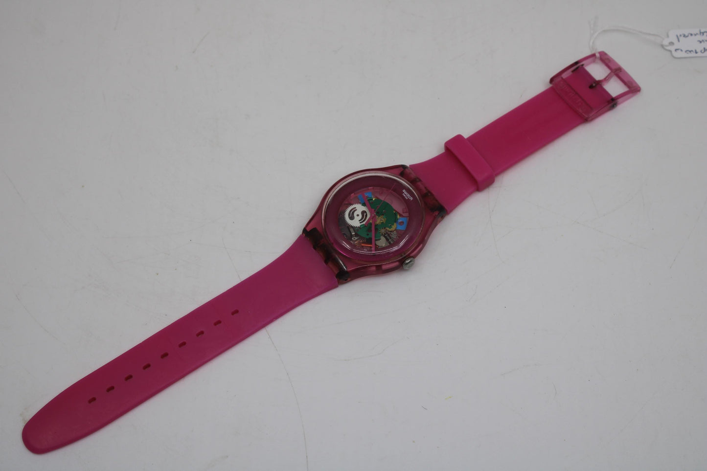 Vintage New Gents Swatch 'Pink Lacquered' SUOP100, in good condition, working 100% with the original strap