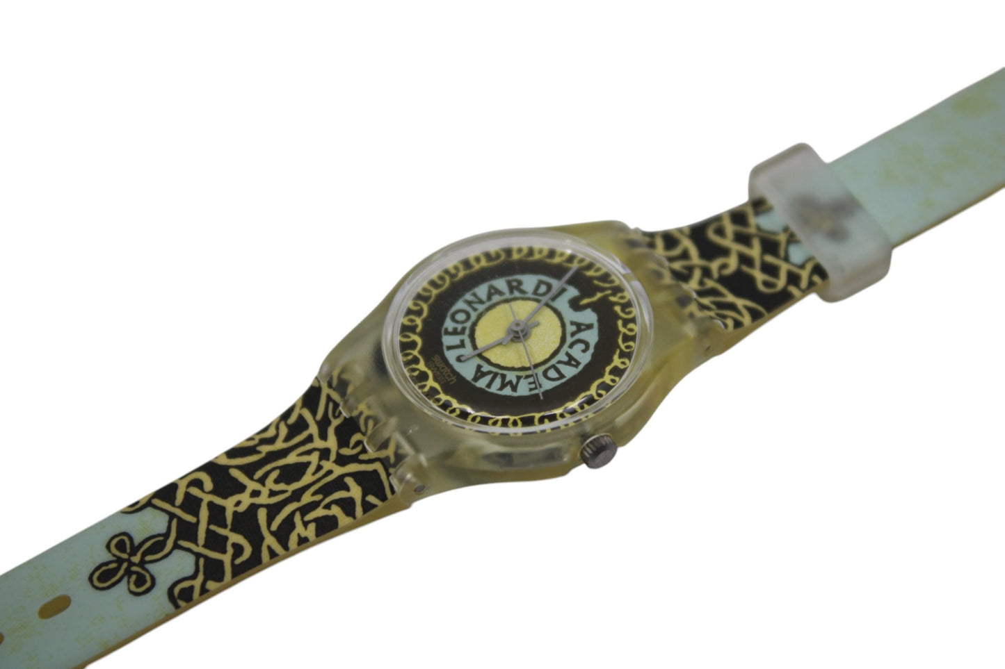 1991 'Vinci's Twist' Vintage ladies Swatch, LK124, NO box, working 100%, New Old Stock, Unused Condition, CRACKED Strap