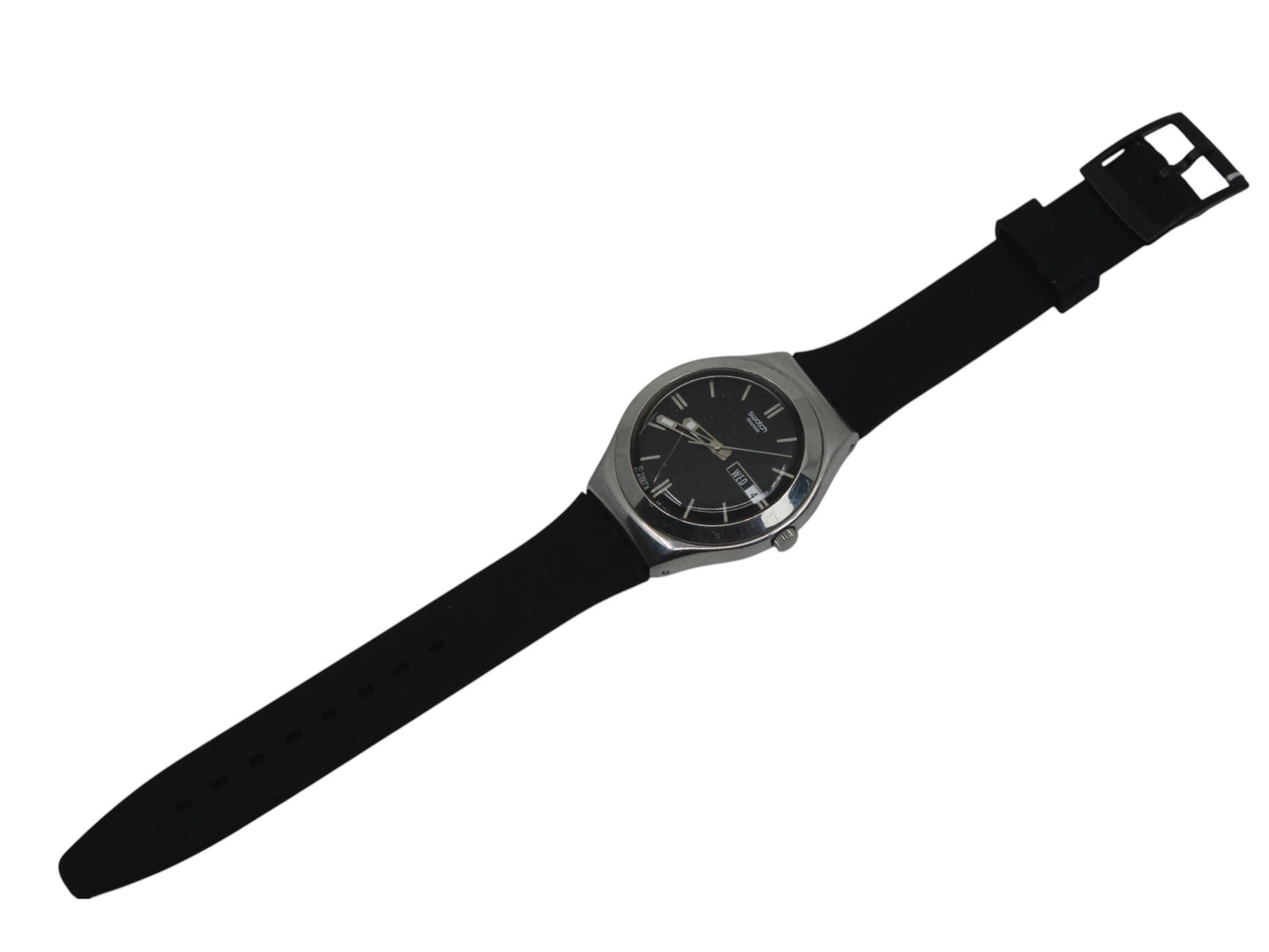 Swatch Irony, 'Black Guard Too' YGS714, No Box, Brand New Strap, Working fine, CRACKED crystal