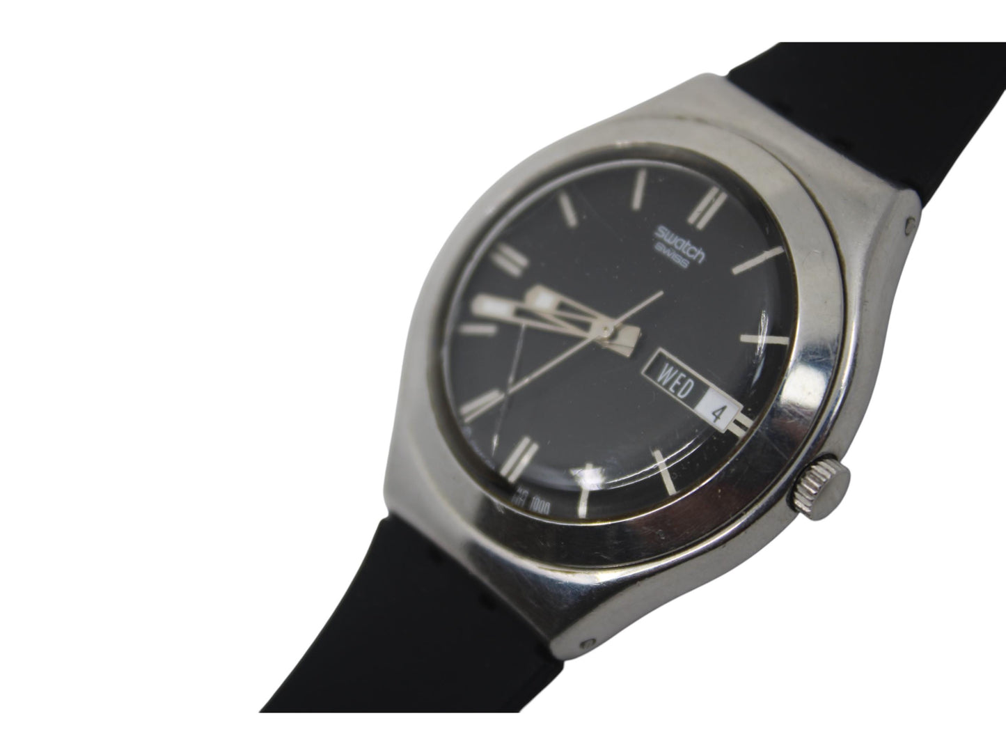 Swatch Irony, 'Black Guard Too' YGS714, No Box, Brand New Strap, Working fine, CRACKED crystal