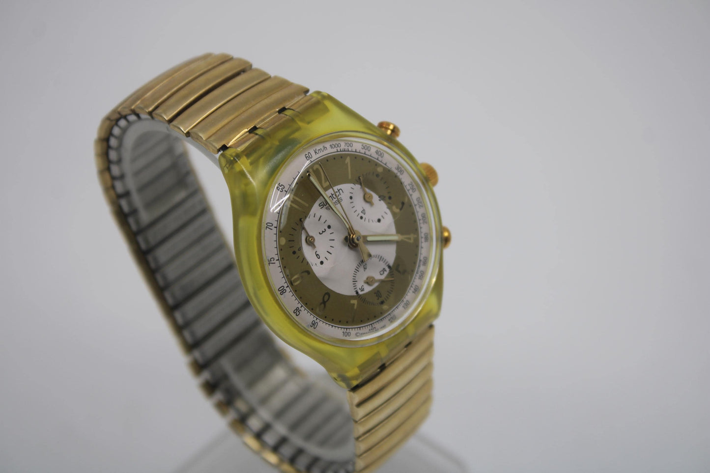 1993 'Golden Globe' vintage Gents Chrono Swatch SCG100/101, Nice Used Condition, with the original strap