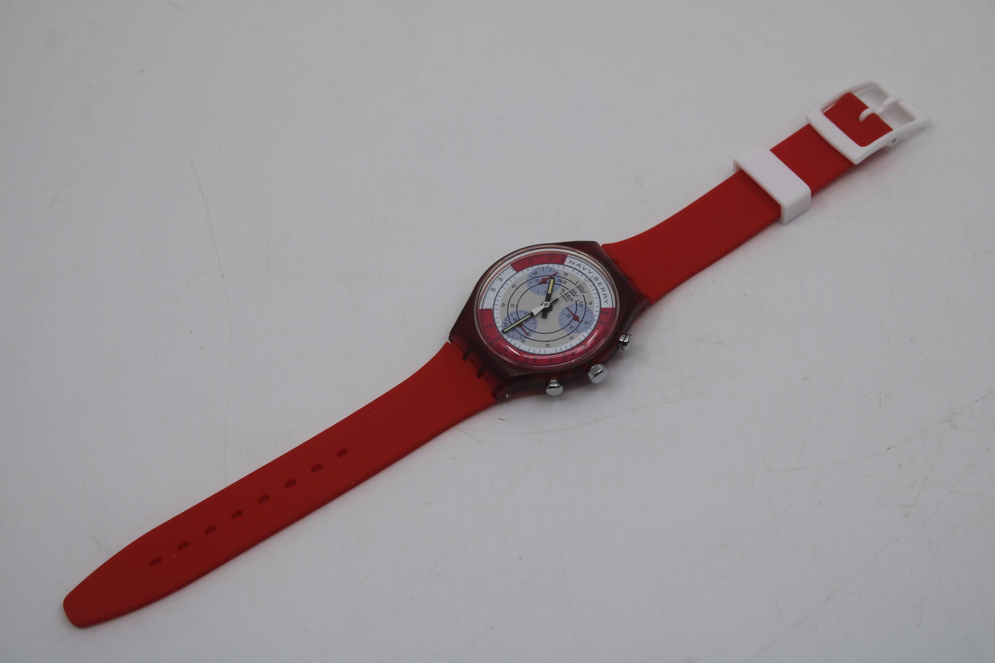 1991 'Navy Berry' vintage and early Gents Chrono Swatch SCR100, Good, Used Condition, with a NON-original strap
