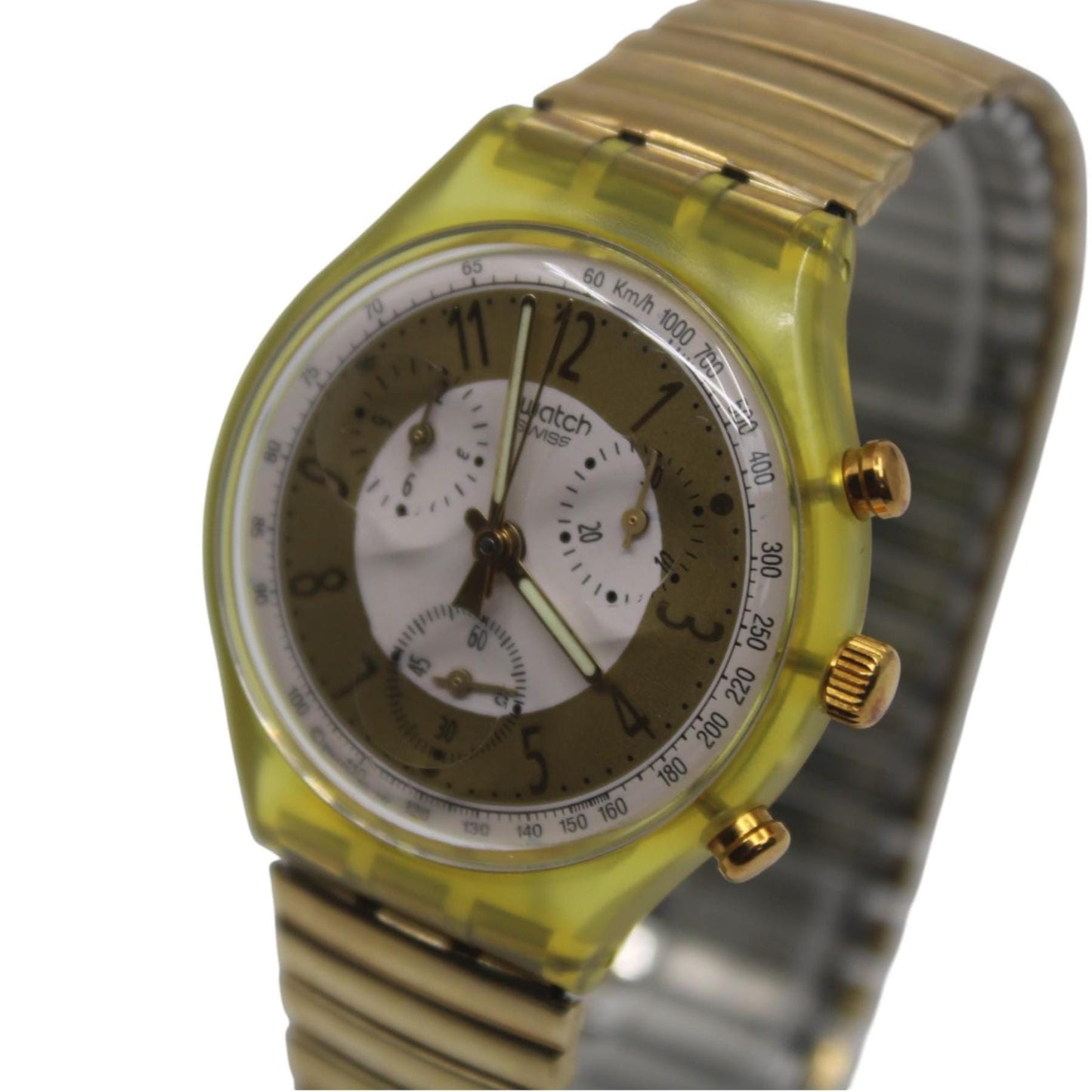 1993 'Golden Globe' vintage Gents Chrono Swatch SCG100/101, Nice Used Condition, with the original strap