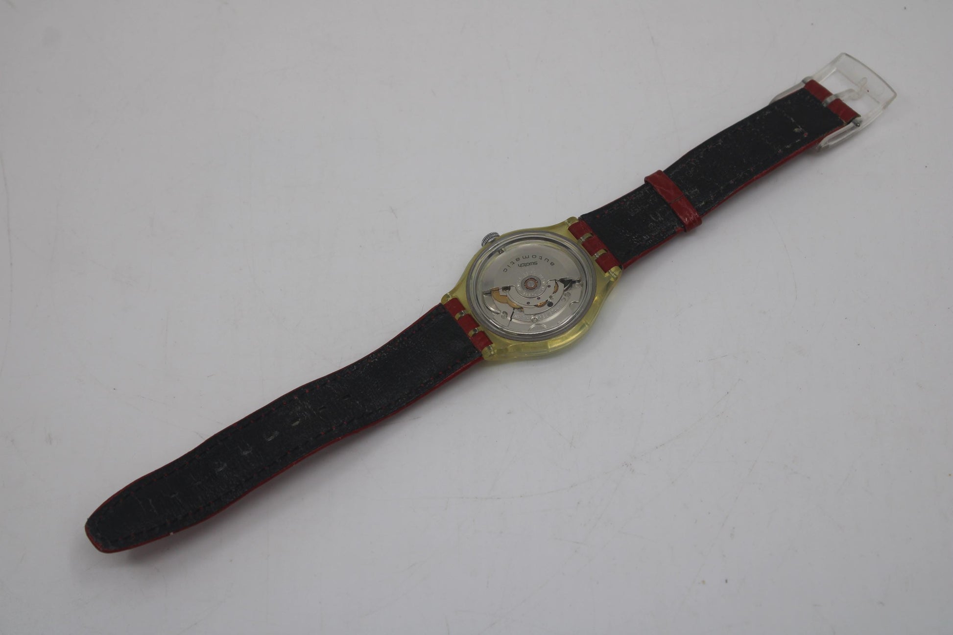1992 'Red Ahead' Vintage Gents Automatic Swatch SAK101, NO box, NICE, used condition, original, leather strap