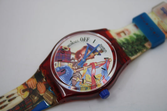 1995 Vintage Musicall Gents Swatch 'Dudelsack' SLR101, NEW OLD STOCK, Never Worn, working 100%, Original, Cracked Strap