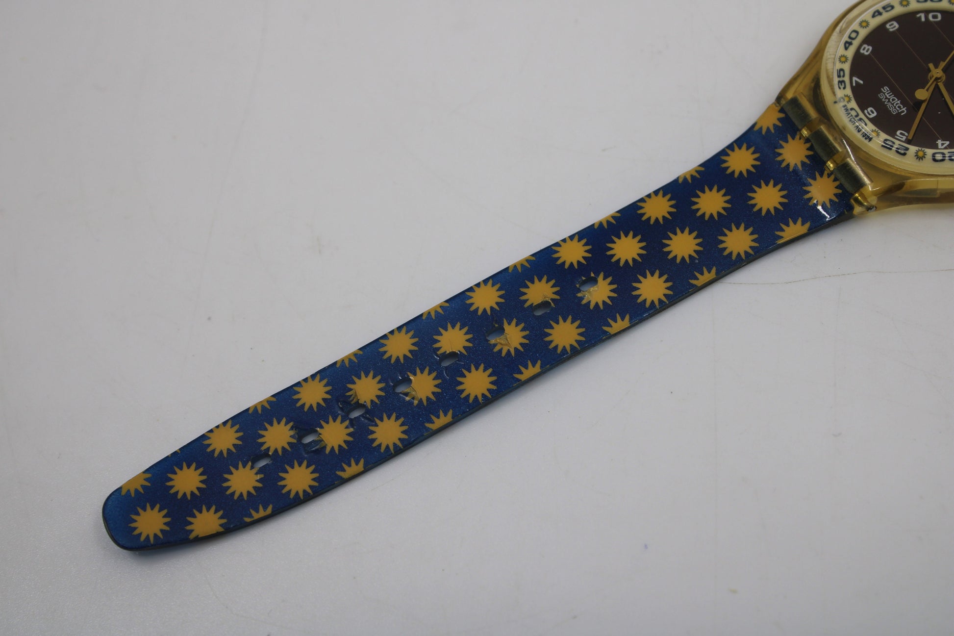 1995, Vintage Gents Solar Swatch, 'Lots of Sun', SRJ100, Original Box, nice, used condition, Solar powered!