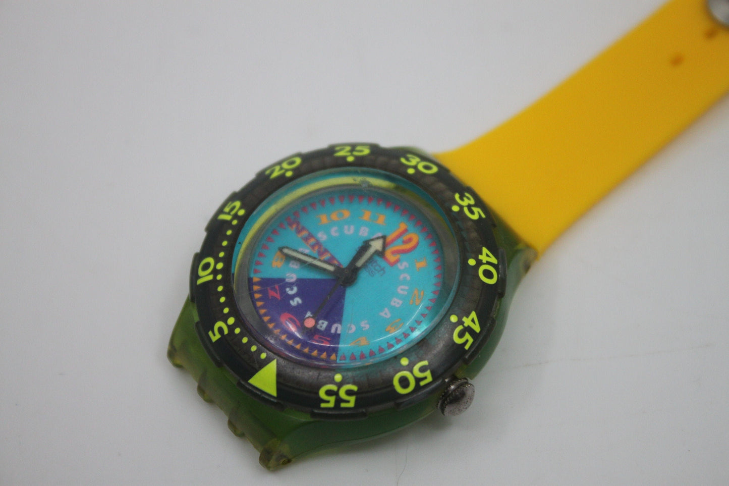 Unique, Vintage Swatch Keychain, SDN106, 1993, 'Bermuda Triangle', made from recycled, NON-working Scuba Swatch watch