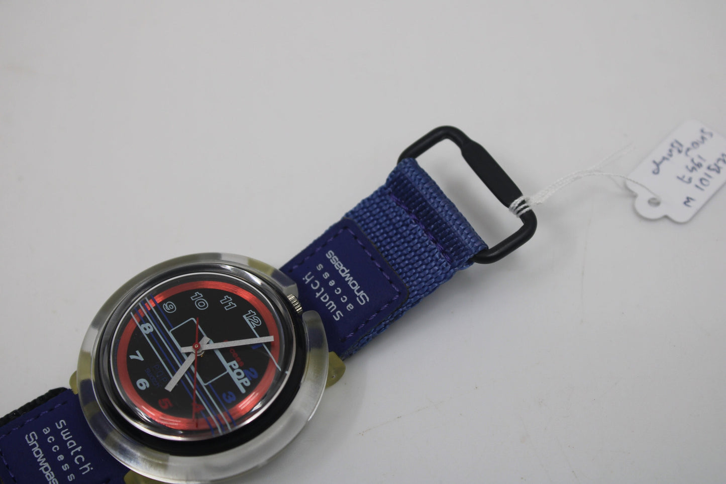 Swatch, Access PopSwatch, 1998, 'Snowbump', PBK101, new old stock, NEVER USED, with original hook & loop strap