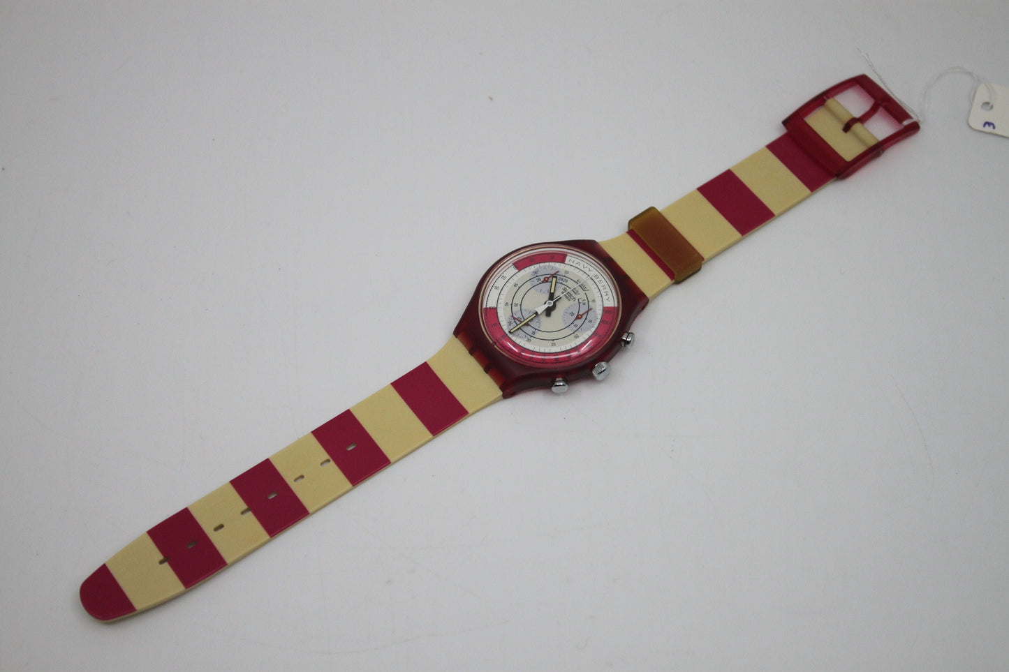 1991 'Navy Berry' vintage Gents Chrono Swatch SCR100, NEW OLD STOCK, Never Worn, with the original strap