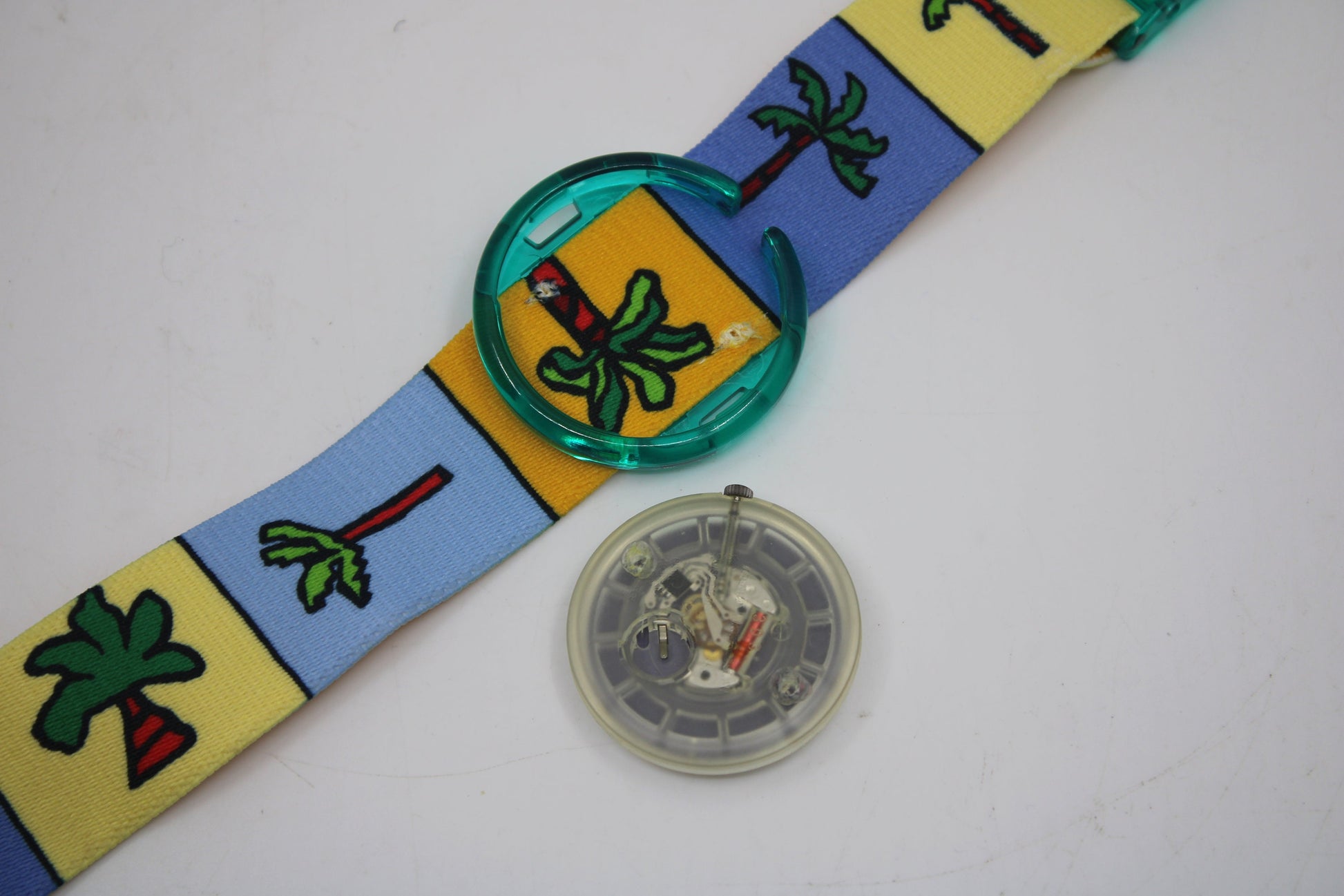 1993 UNWORN Vintage Shop dummy Pop Swatch Strap + Ring, 'Palmtree', PMK104, PopSwatch, very rare