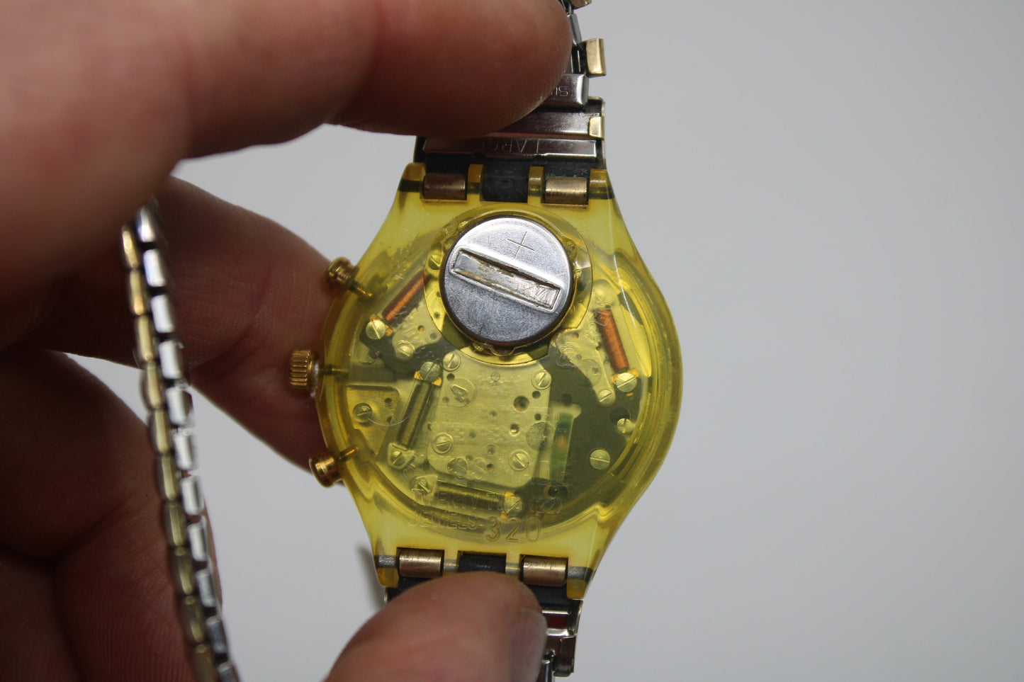 1993 'Golden Globe' vintage Gents Chrono Swatch SCG100/101, Much Used Condition