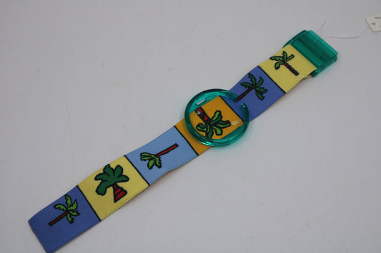 1993 UNWORN Vintage Shop dummy Pop Swatch Strap + Ring, 'Palmtree', PMK104, PopSwatch, very rare