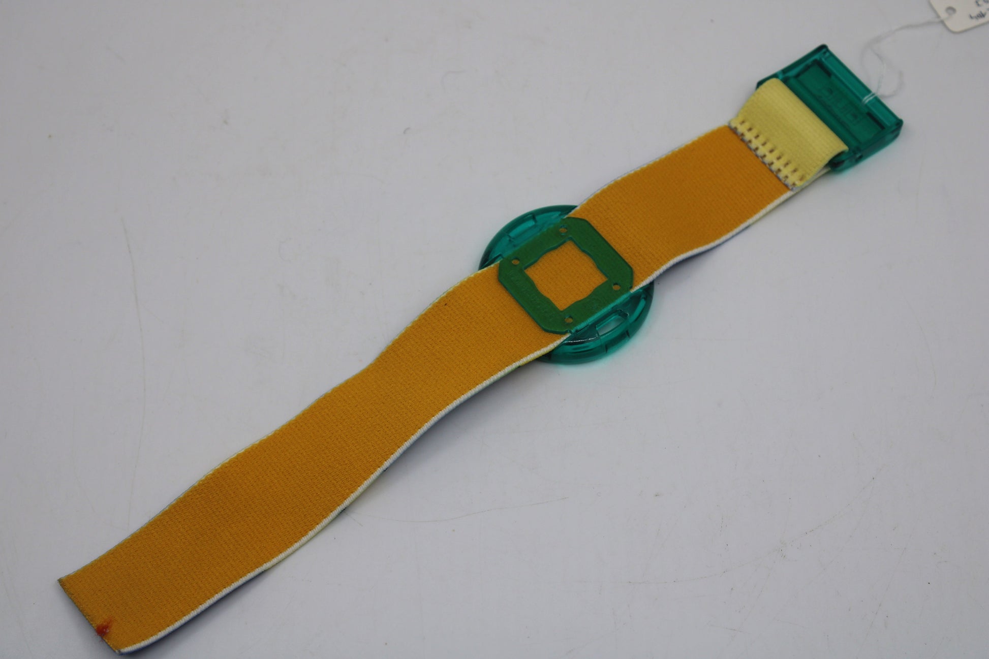 1993 UNWORN Vintage Shop dummy Pop Swatch Strap + Ring, 'Palmtree', PMK104, PopSwatch, very rare