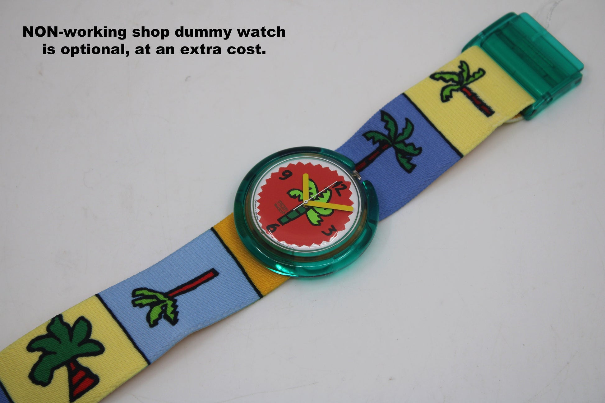 1993 UNWORN Vintage Shop dummy Pop Swatch Strap + Ring, 'Palmtree', PMK104, PopSwatch, very rare