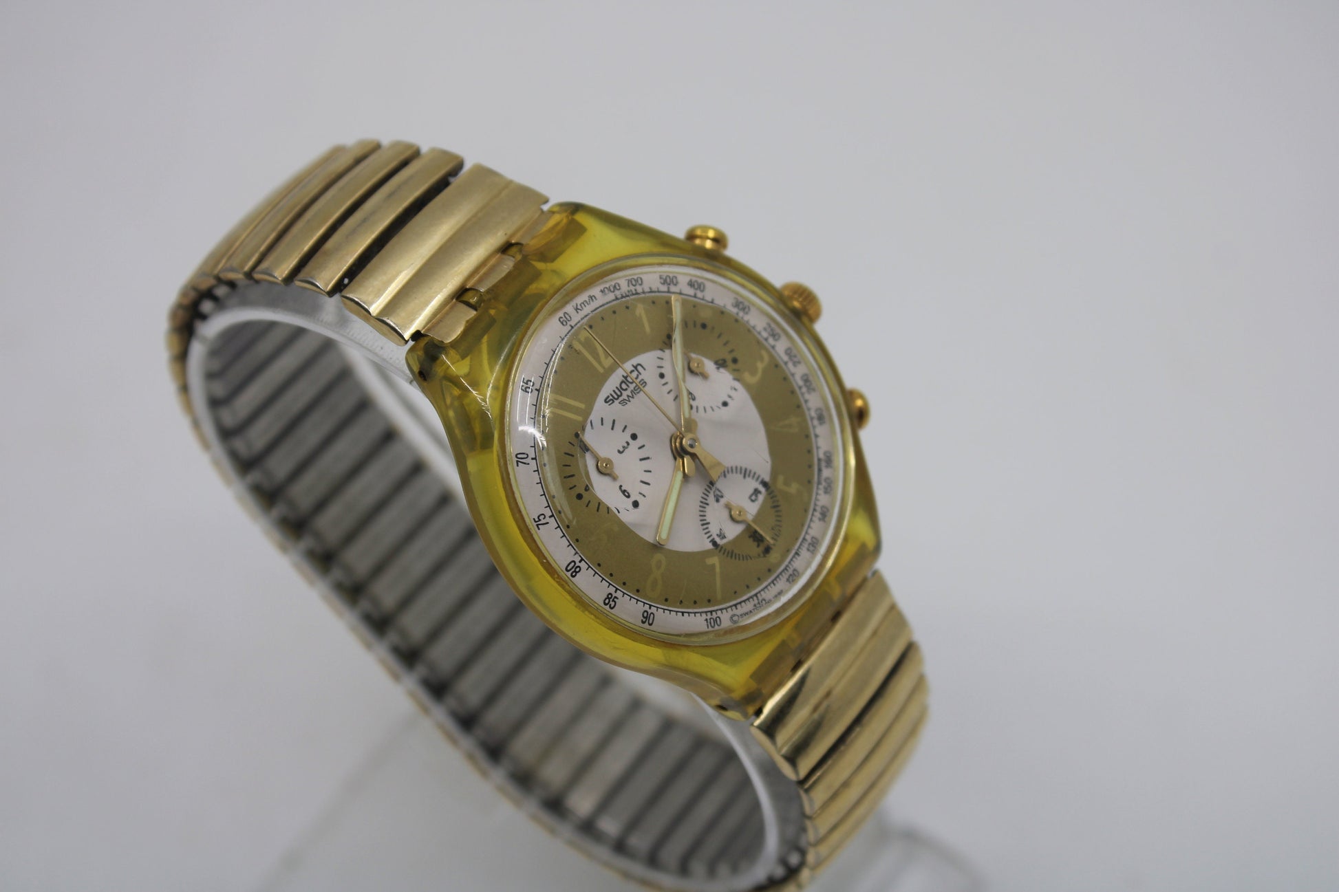 1993 'Golden Globe' vintage Gents Chrono Swatch SCG100/101, Much Used Condition