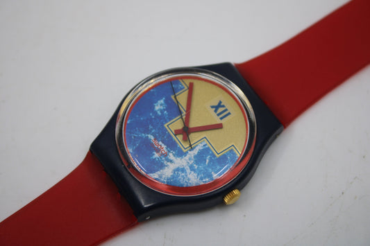 1991 Vintage Gents Swatch, 'Blue Flamingo', GN114, NO box, In VERY Nice, Near Mint Condition, 100% working, Non-Original Strap