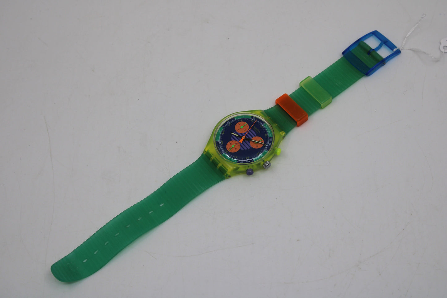 NEAR MINT 1991 Swatch Neo Wave wristwatch, SCJ100 Fluorescent Chronograph, Original Strap
