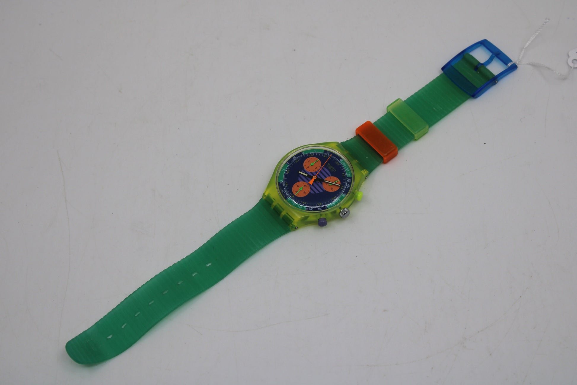 NEAR MINT 1991 Swatch Neo Wave wristwatch, SCJ100 Fluorescent Chronograph, Original Strap