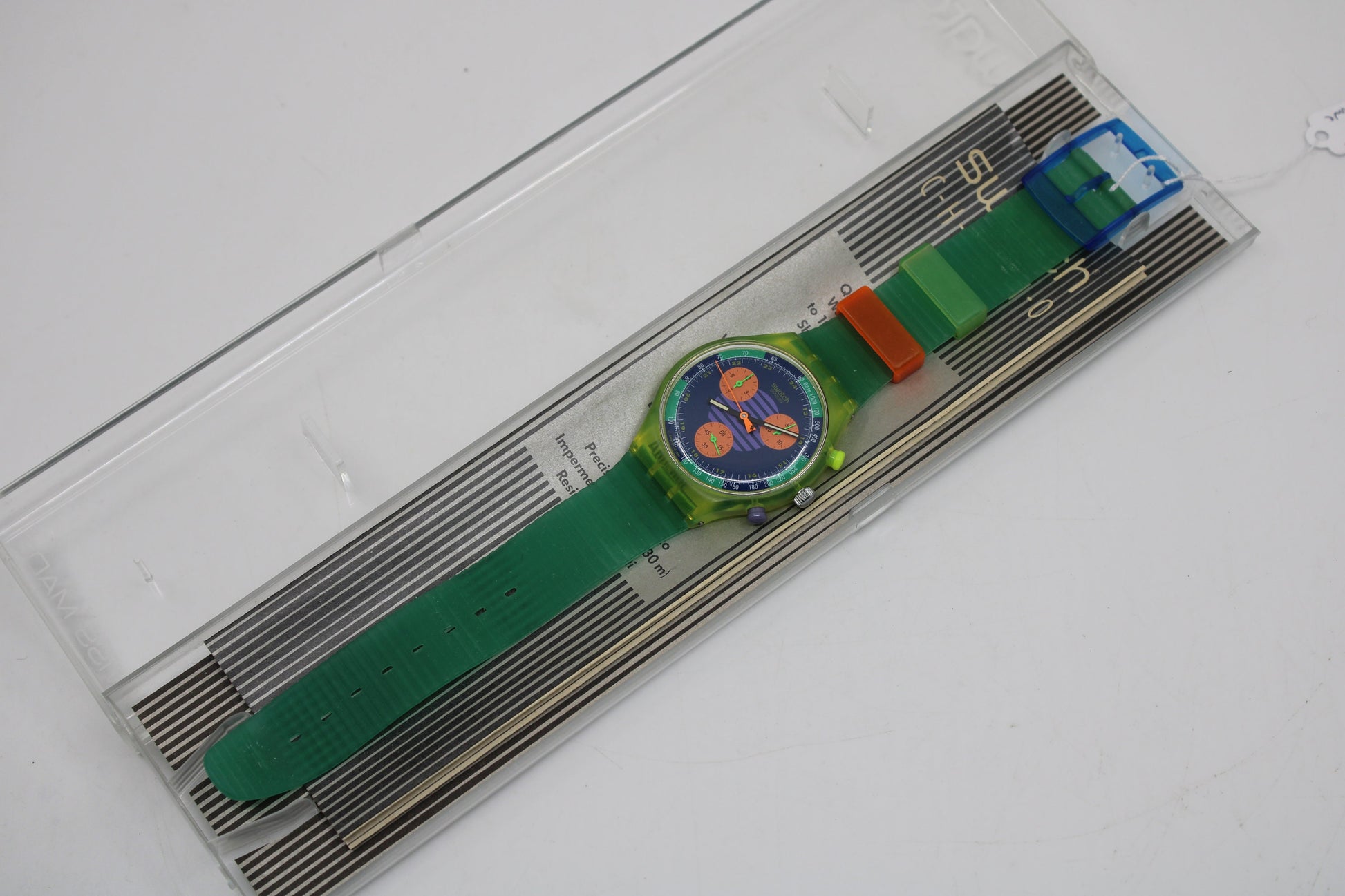 NEAR MINT 1991 Swatch Neo Wave wristwatch, SCJ100 Fluorescent Chronograph, Original Strap