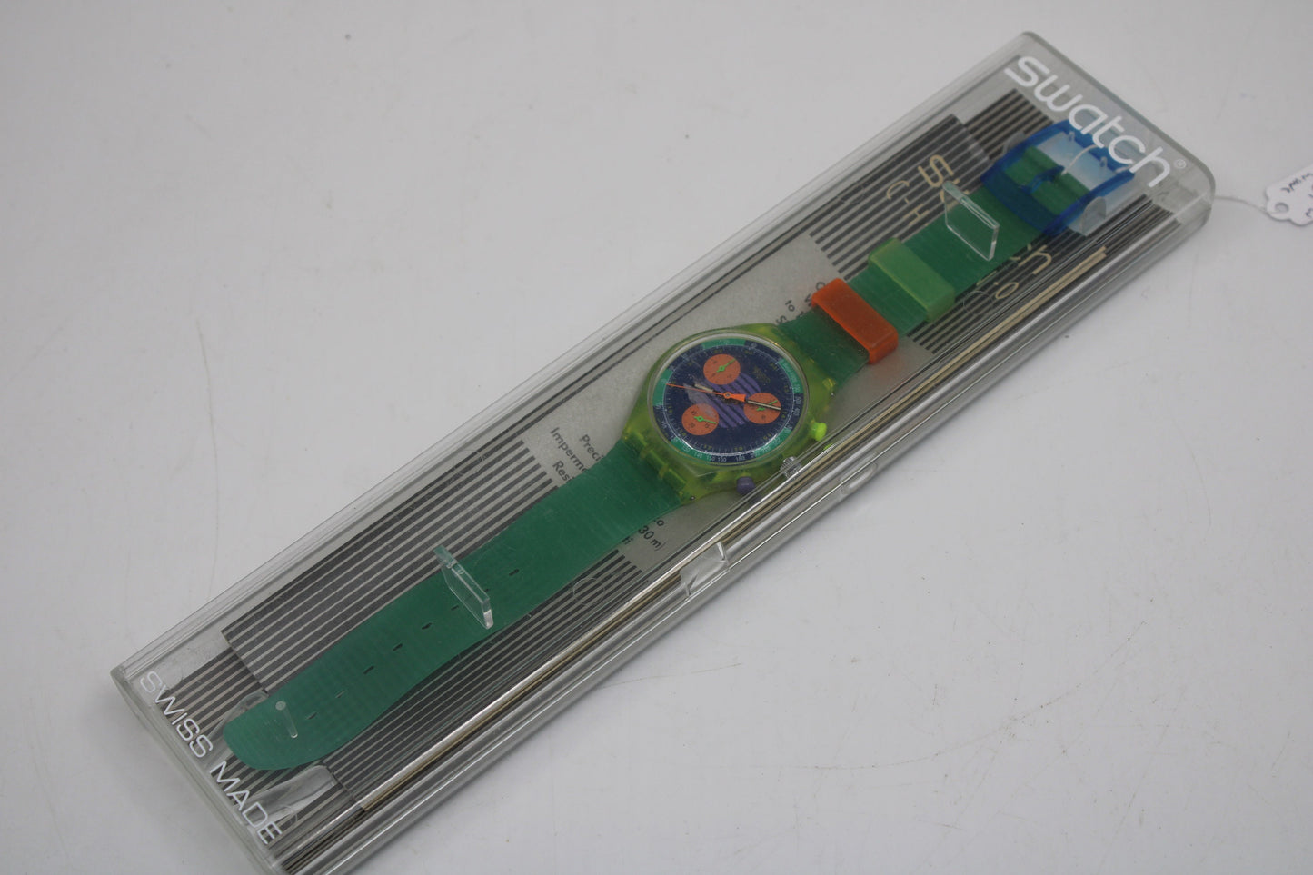 NEAR MINT 1991 Swatch Neo Wave wristwatch, SCJ100 Fluorescent Chronograph, Original Strap