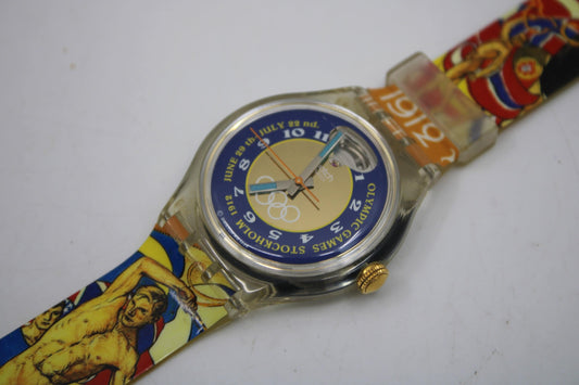 1994 Olympic 'Stockholm 1912' Vintage Gents Automatic Swatch SAZ103, good, USED condition, Original Strap