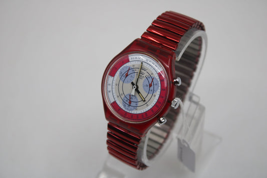 1991 'Navy Berry' vintage and early Gents Chrono Swatch SCR100, Good, Used Condition, with a NON-original strap