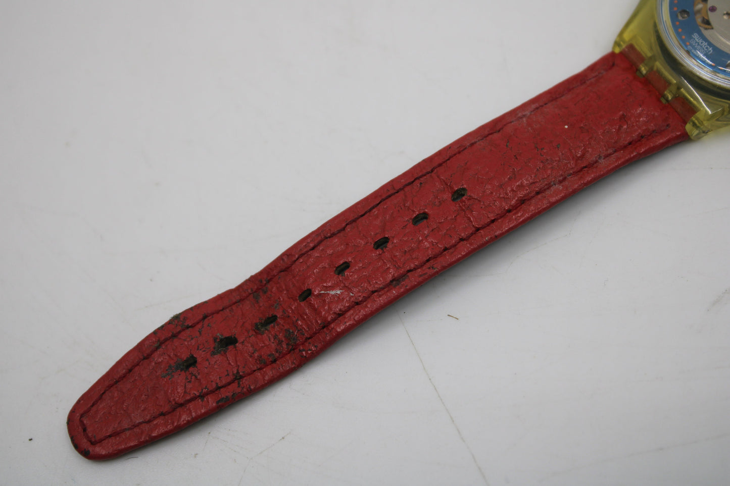 1992 'Red Ahead' Vintage Gents Automatic Swatch SAK101, NO box, much used condition, original, leather strap