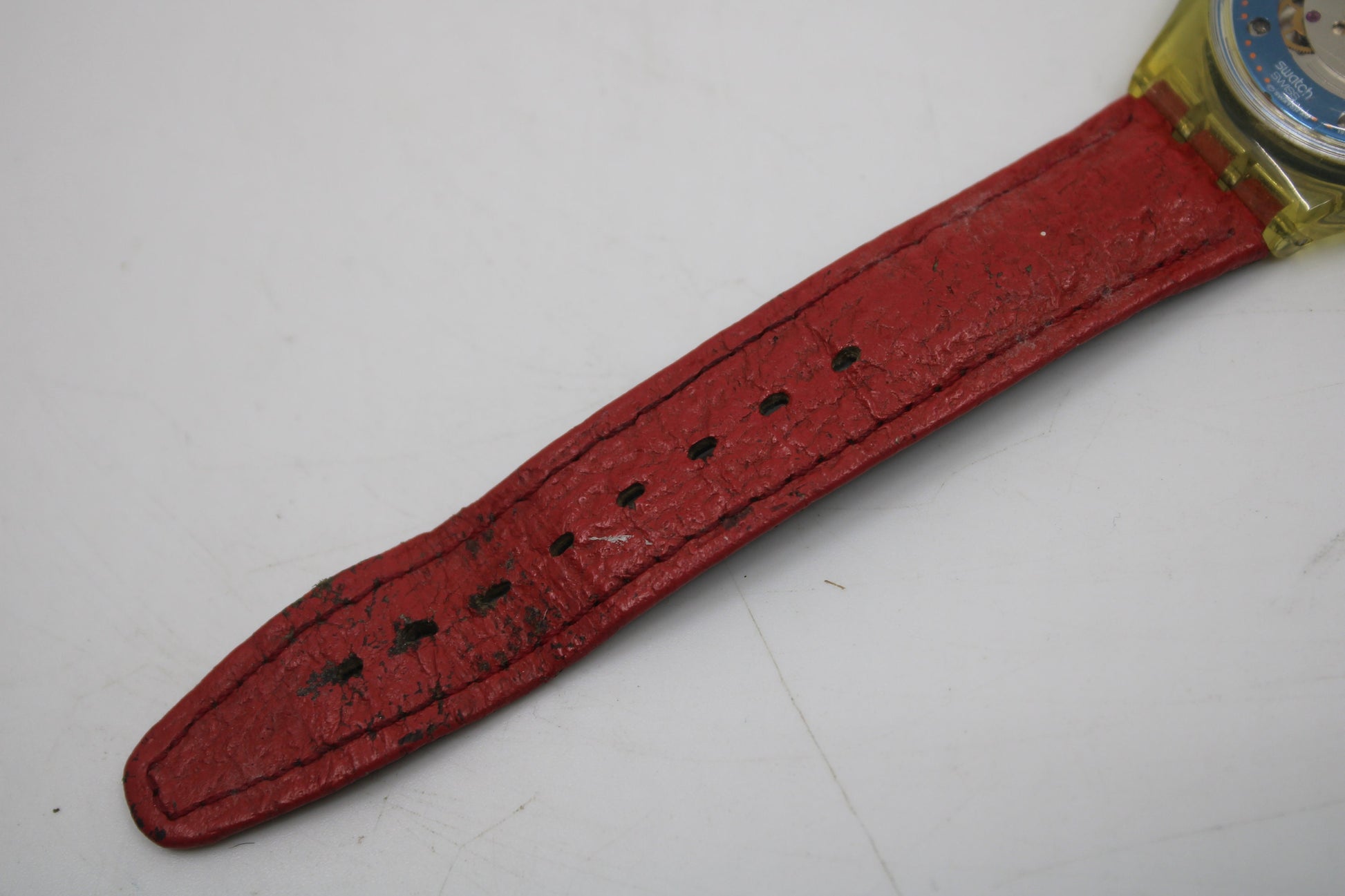 1992 'Red Ahead' Vintage Gents Automatic Swatch SAK101, NO box, much used condition, original, leather strap