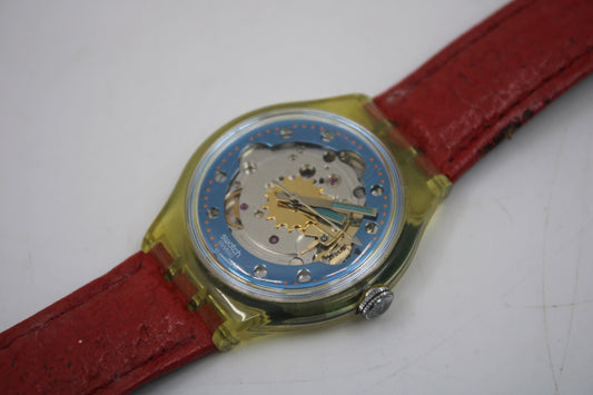 1992 'Red Ahead' Vintage Gents Automatic Swatch SAK101, NO box, much used condition, original, leather strap