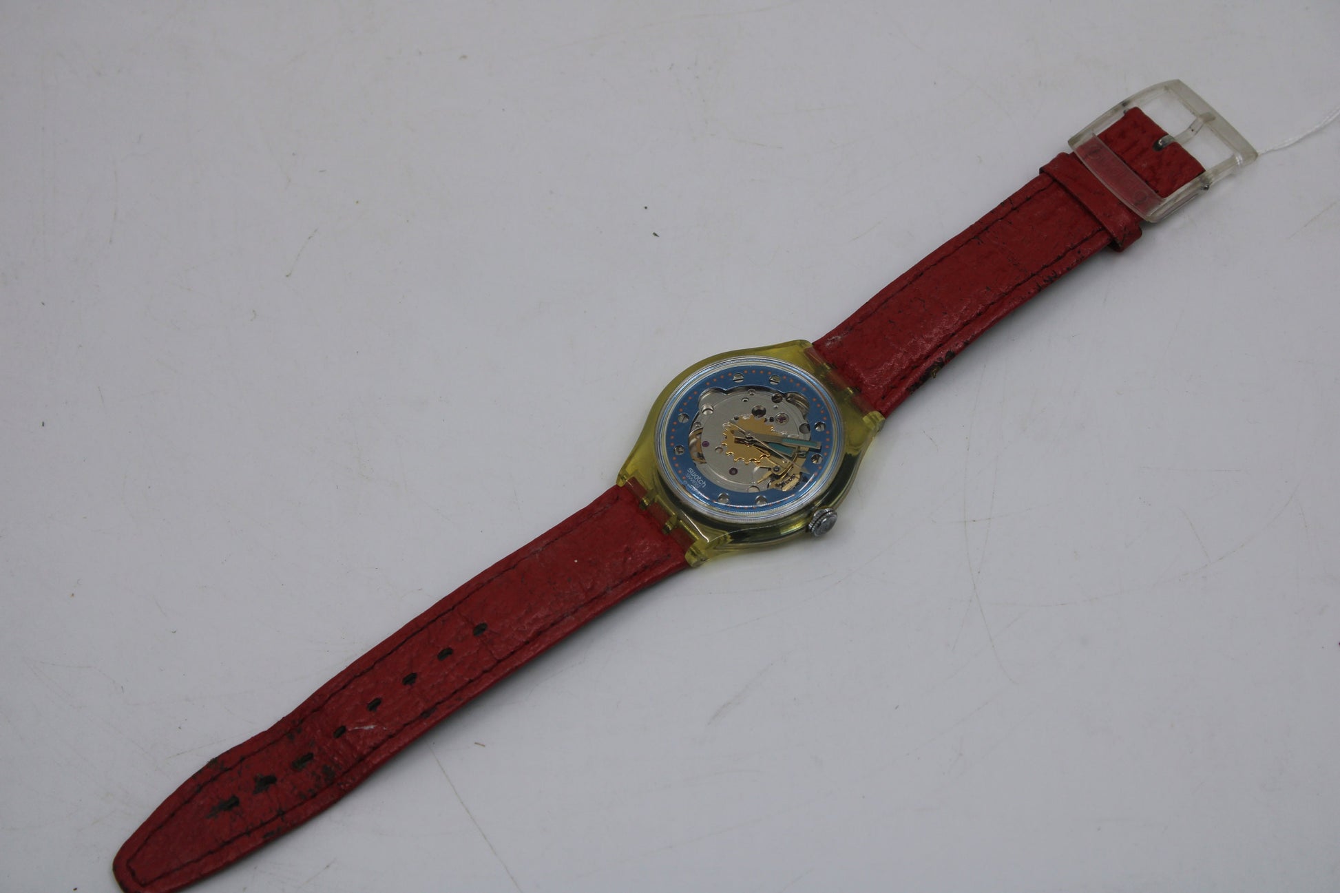 1992 'Red Ahead' Vintage Gents Automatic Swatch SAK101, NO box, much used condition, original, leather strap