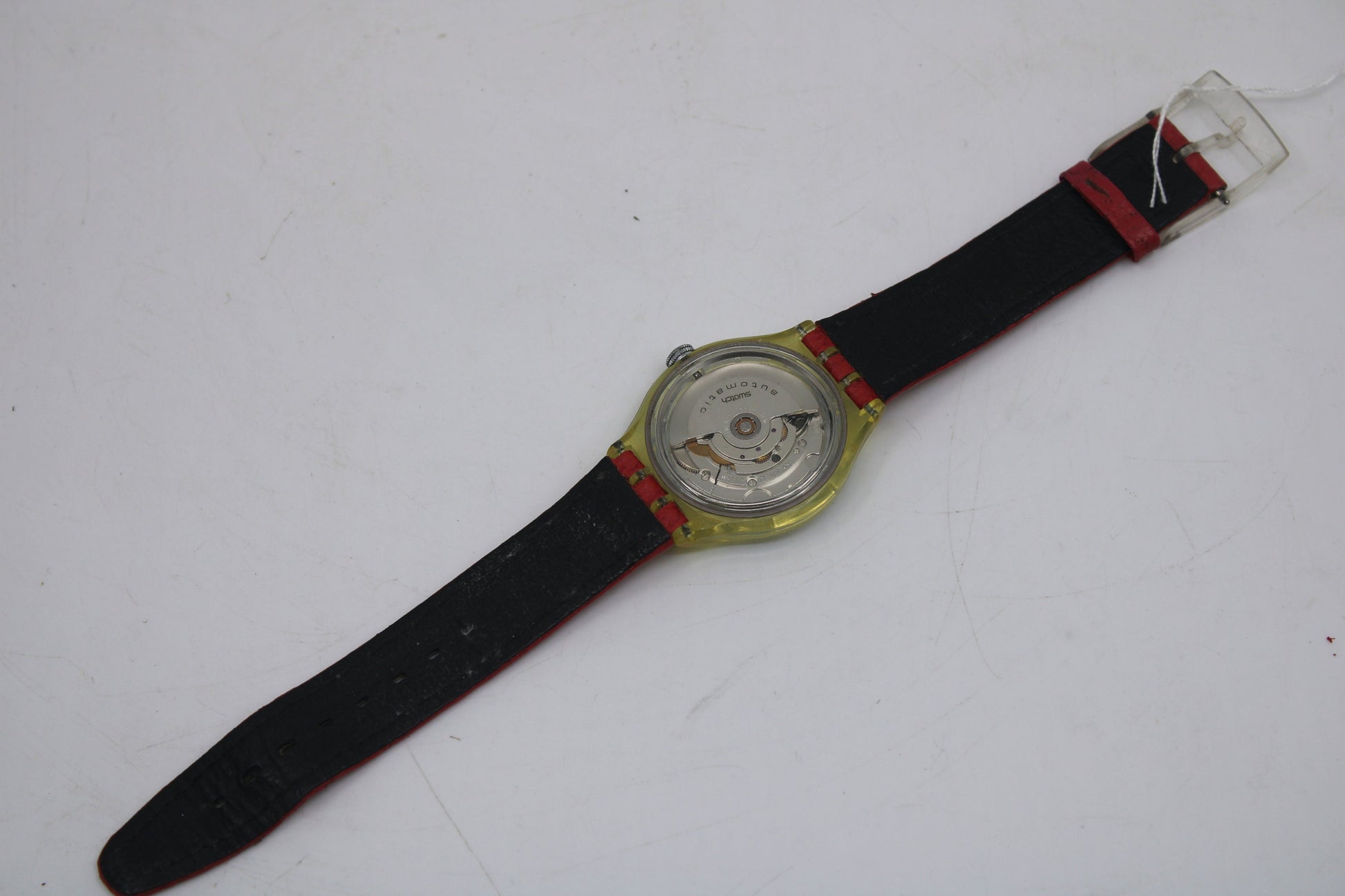 1992 'Red Ahead' Vintage Gents Automatic Swatch SAK101, NO box, much used condition, original, leather strap