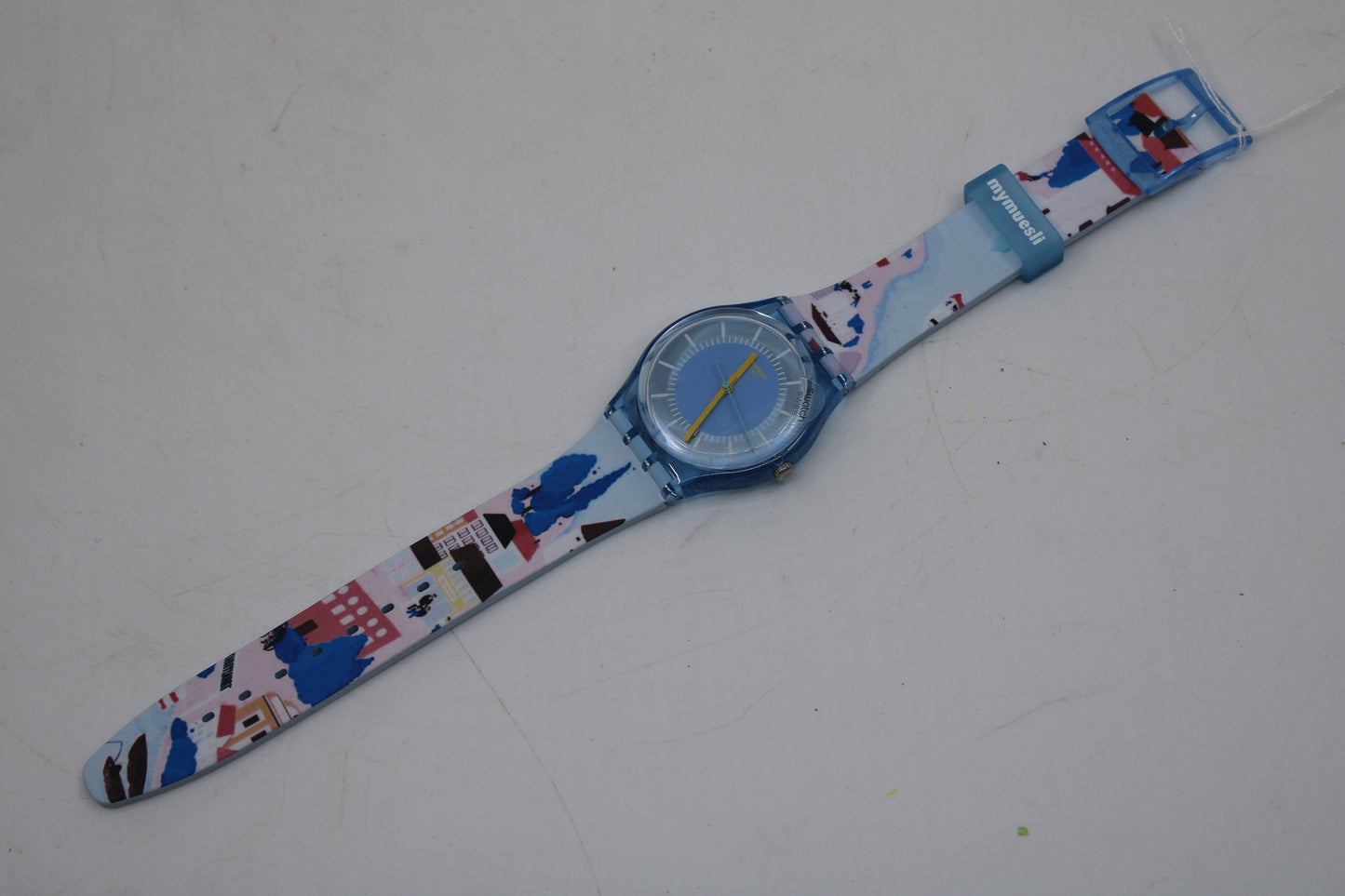 Vintage Gents Swatch 'MyMuesli' Postcard Promo GS147D, NEW OLD STOCK, Never Worn, working 100% with original strap