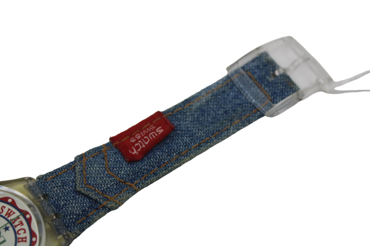 1995 Vintage Gents Swatch 'Red Tag' GK190, nice, used condition, working 100% with the original denim strap