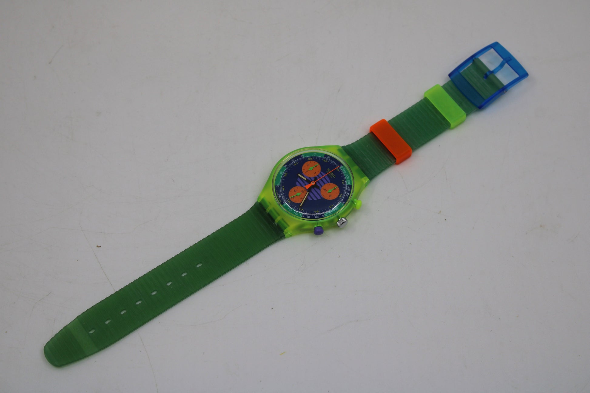 NEW, Unused 1991 Swatch Neo Wave wristwatch, SCJ100 Fluorescent Chronograph, Original Strap