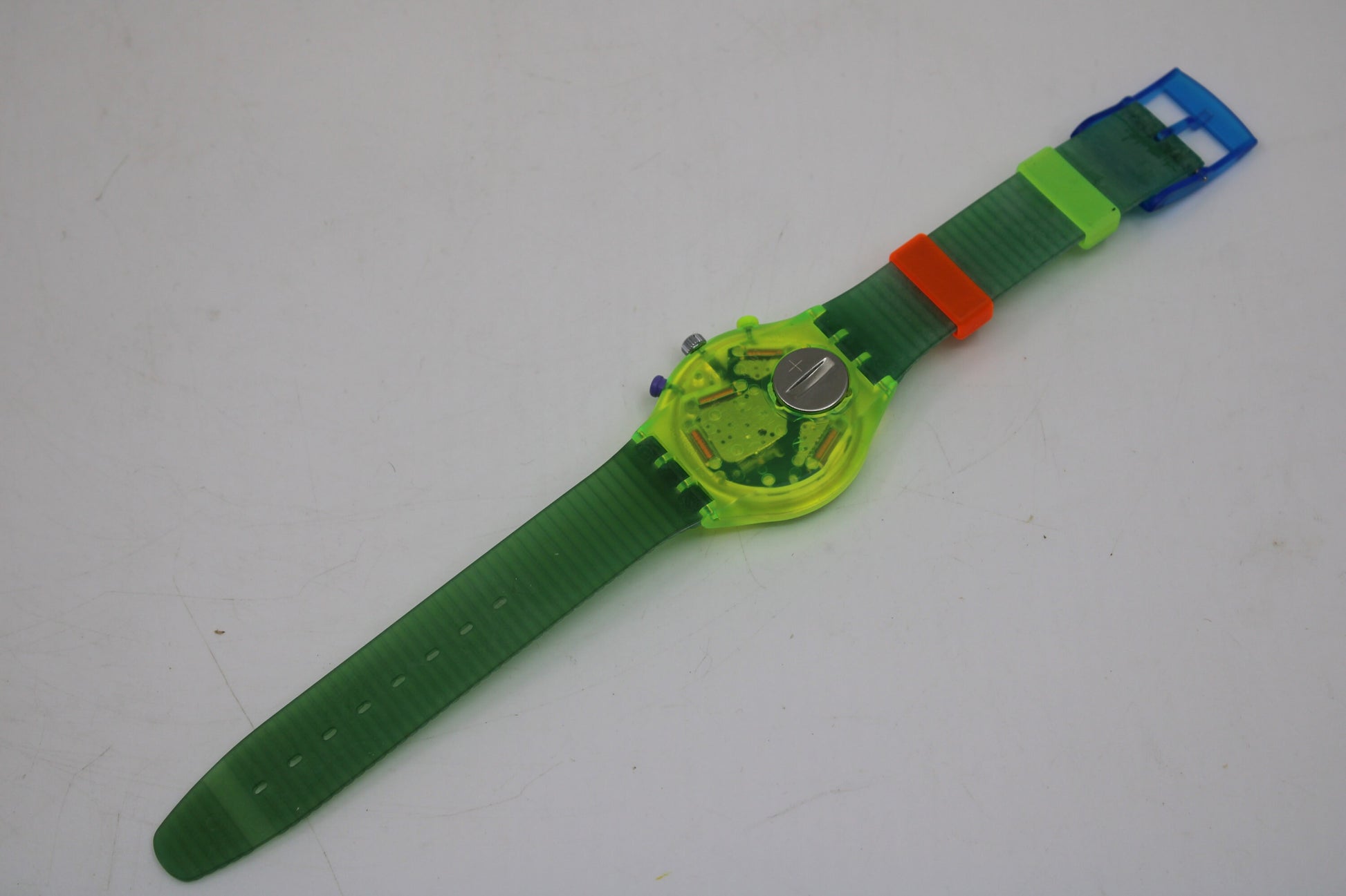 NEW, Unused 1991 Swatch Neo Wave wristwatch, SCJ100 Fluorescent Chronograph, Original Strap