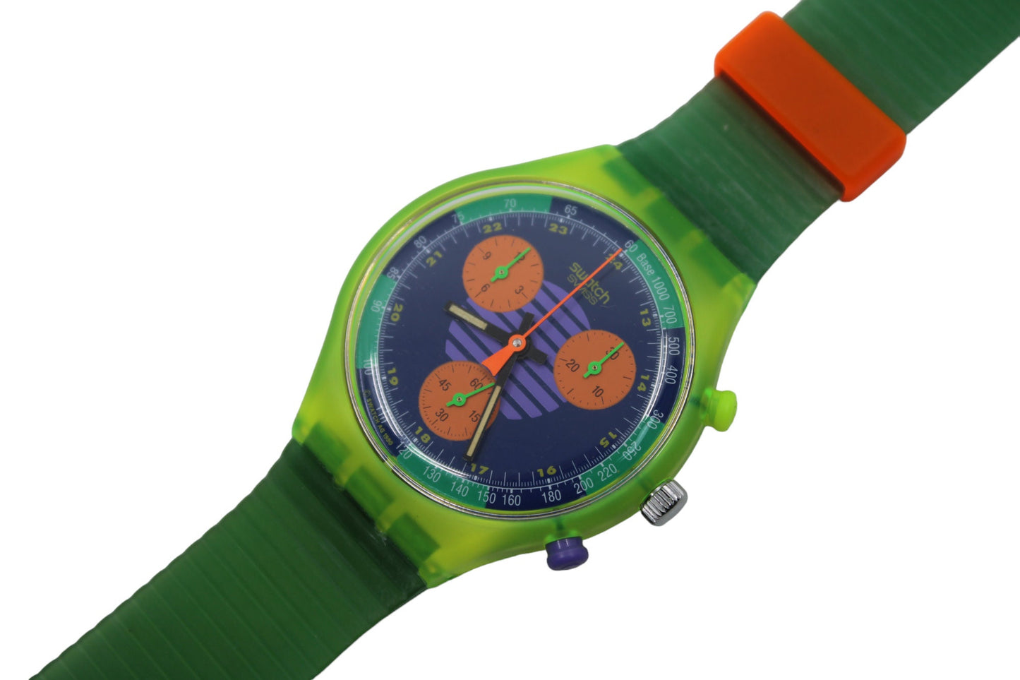 NEW, Unused 1991 Swatch Neo Wave wristwatch, SCJ100 Fluorescent Chronograph, Original Strap