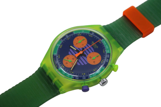 NEW, Unused 1991 Swatch Neo Wave wristwatch, SCJ100 Fluorescent Chronograph, Original Strap