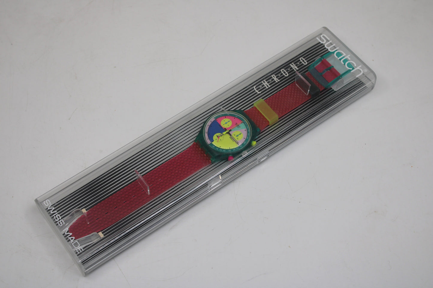 NEW, Unused 1991 Swatch Flash Arrow wristwatch, SCL100 Fluorescent Chronograph, Original Strap