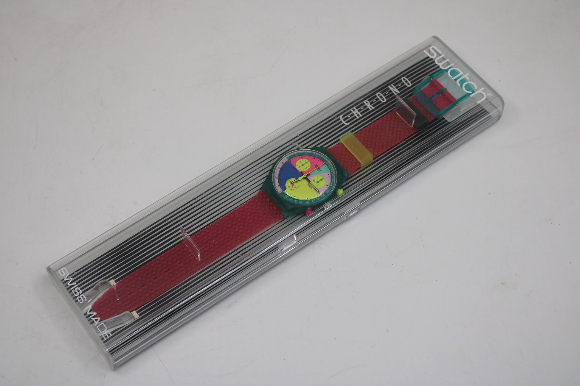 NEW, Unused 1991 Swatch Flash Arrow wristwatch, SCL100 Fluorescent Chronograph, Original Strap