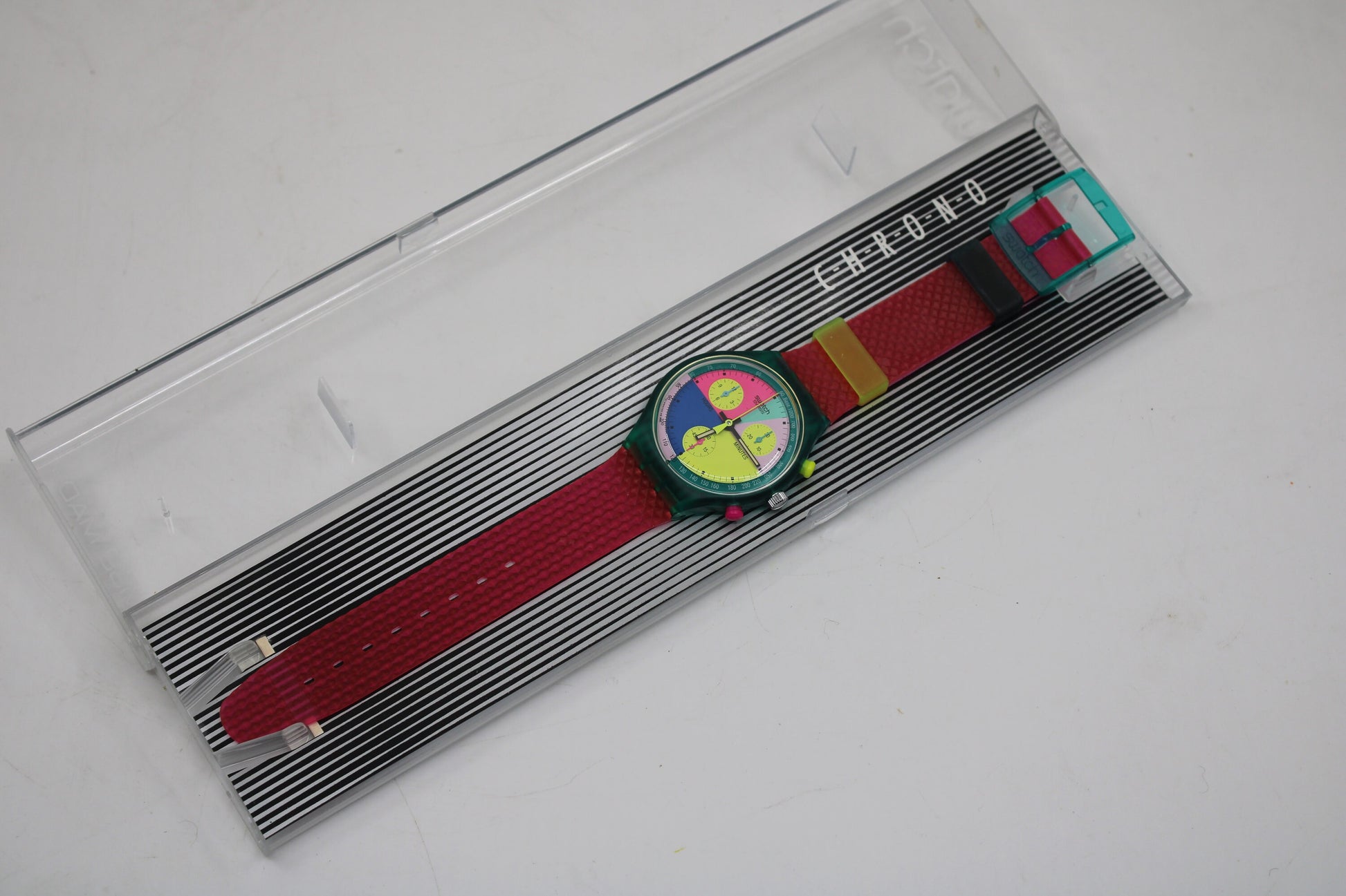 NEW, Unused 1991 Swatch Flash Arrow wristwatch, SCL100 Fluorescent Chronograph, Original Strap