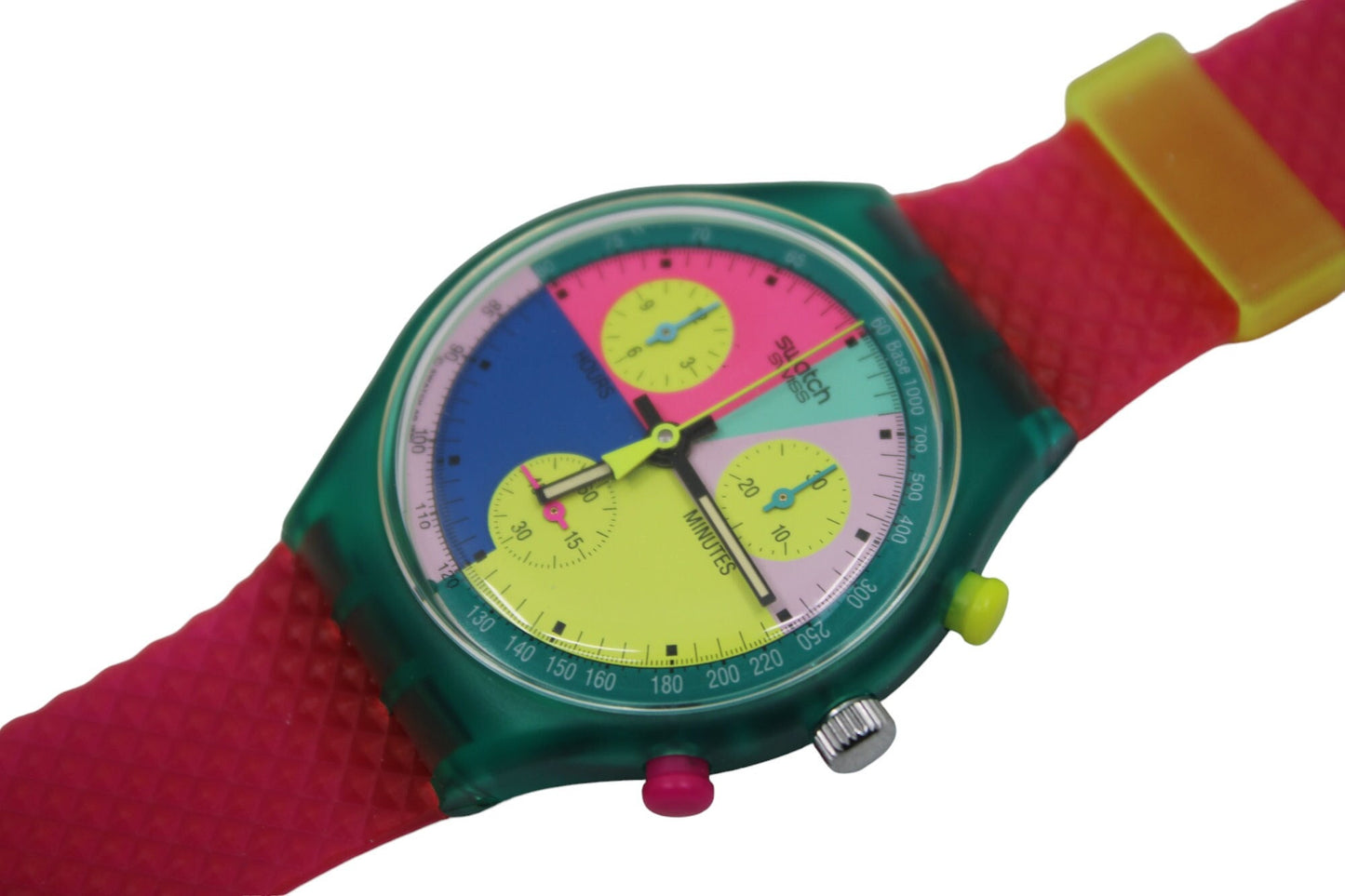 NEW, Unused 1991 Swatch Flash Arrow wristwatch, SCL100 Fluorescent Chronograph, Original Strap