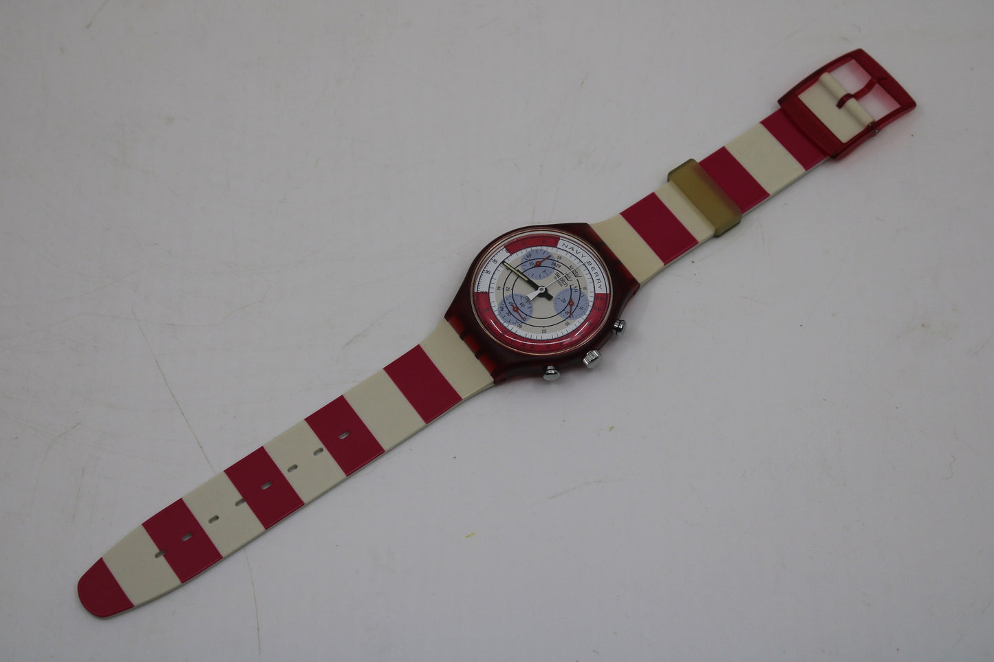 1991 'Navy Berry' vintage Gents Chrono Swatch SCR100, NEW OLD STOCK, Never Worn, with the original strap