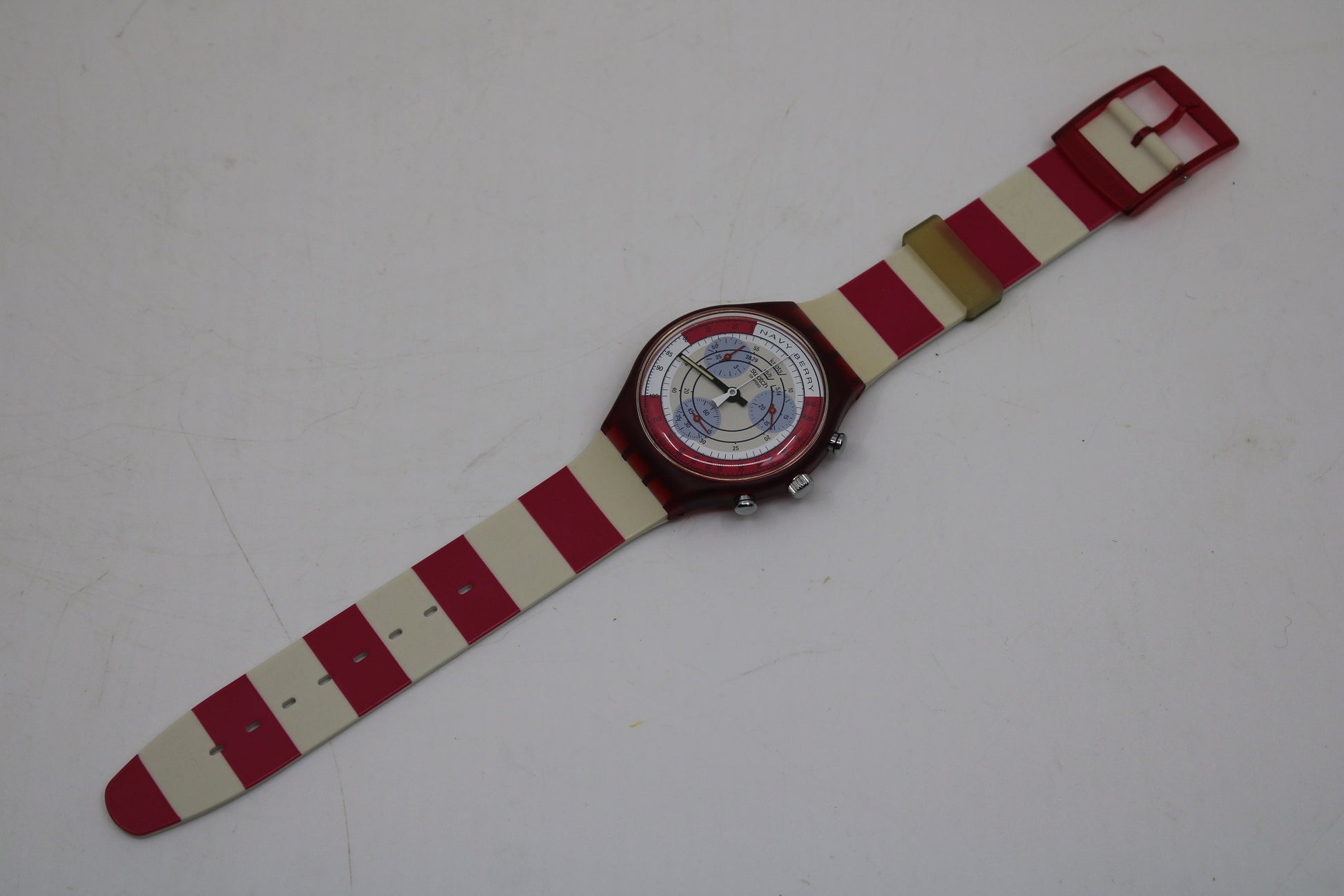 1991 'Navy Berry' vintage Gents Chrono Swatch SCR100, NEW OLD STOCK, Never Worn, with the original strap
