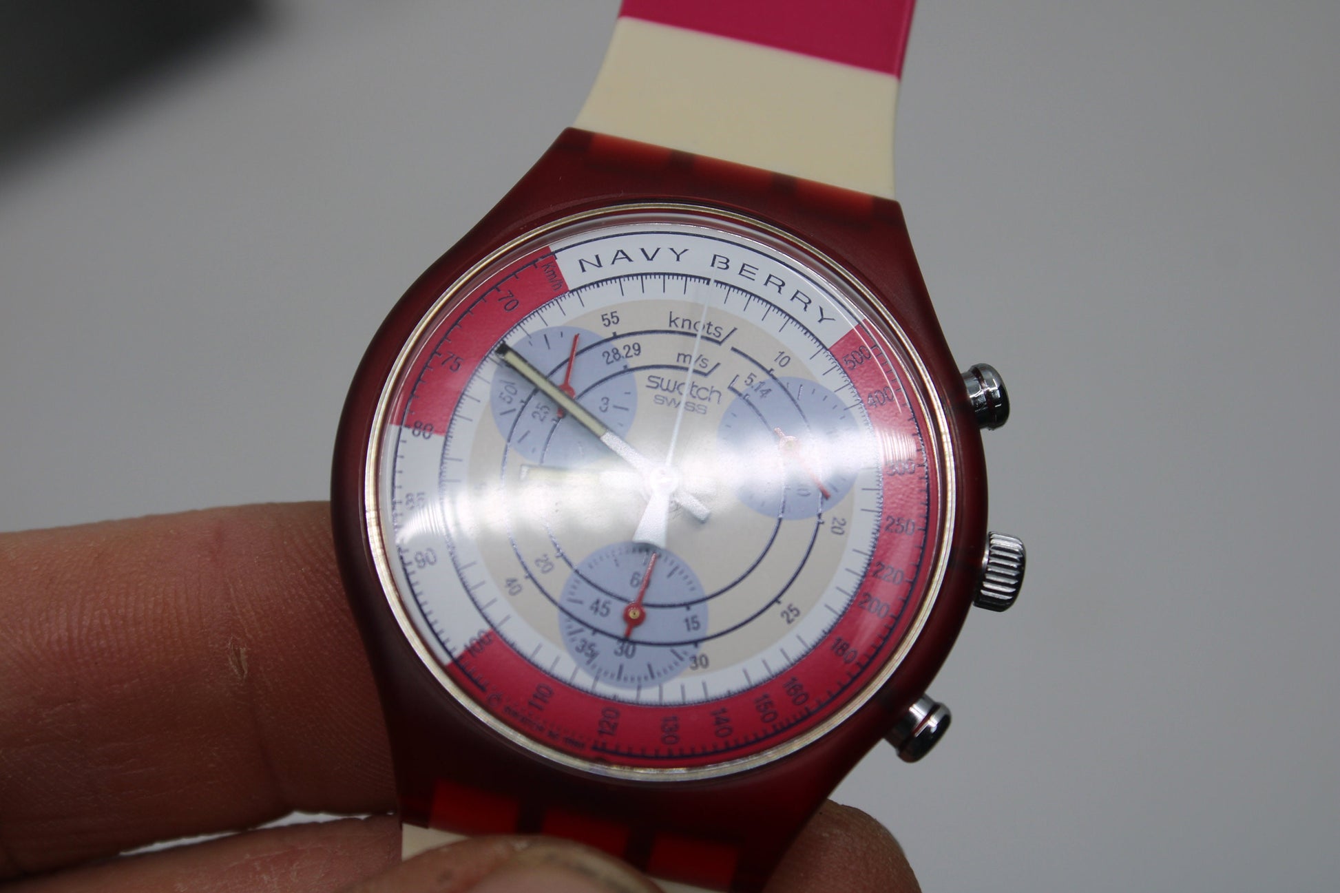 1991 'Navy Berry' vintage Gents Chrono Swatch SCR100, NEW OLD STOCK, Never Worn, with the original strap