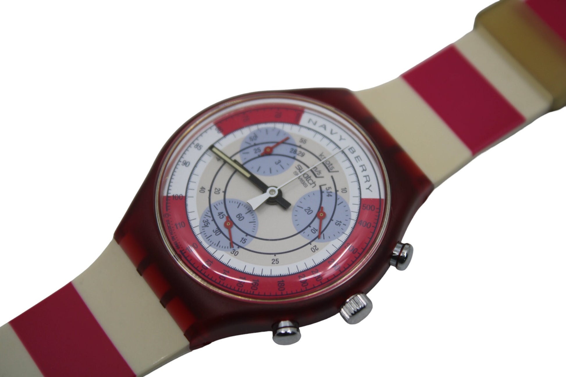 1991 'Navy Berry' vintage Gents Chrono Swatch SCR100, NEW OLD STOCK, Never Worn, with the original strap