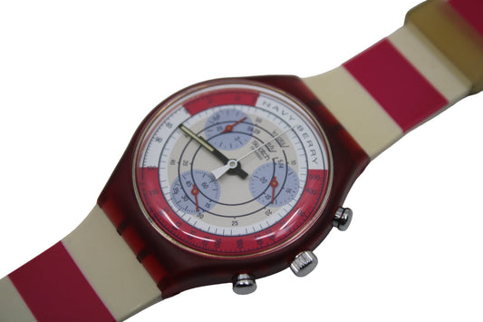 1991 'Navy Berry' vintage Gents Chrono Swatch SCR100, NEW OLD STOCK, Never Worn, with the original strap